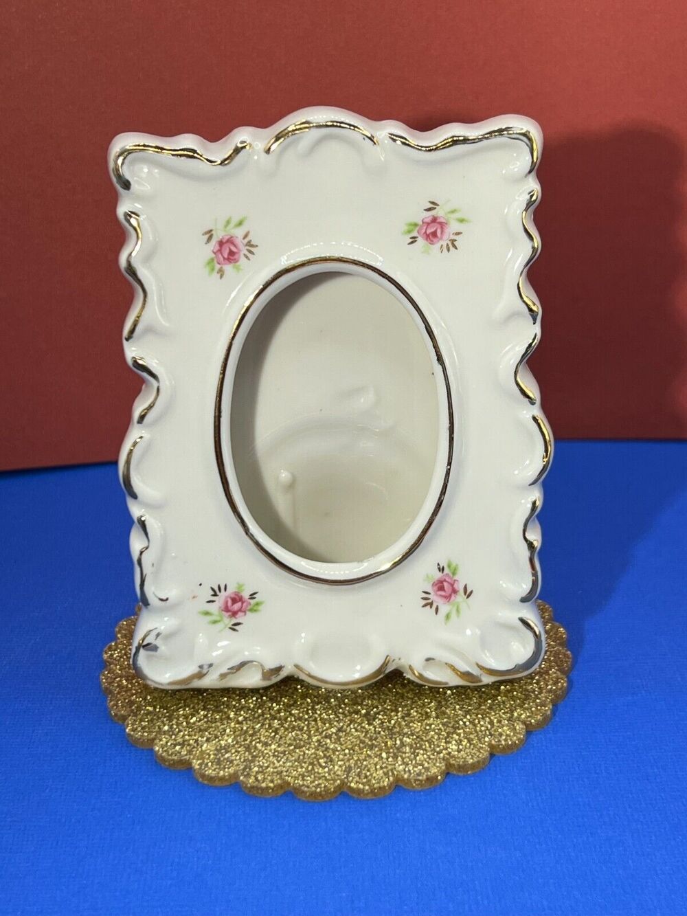 Mini Picture Frame with Flowers Edged in Gold Vintage (Was attached to Something